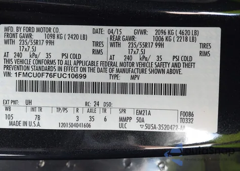 2015 Ford Escape S z USA, uszkodzony, nr VIN 1FMCU0F76FUC10699